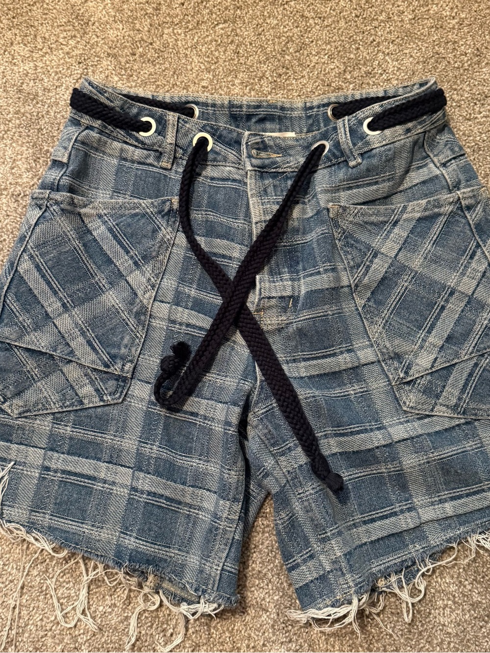bohme Blue Plaid Denim Jean Shorts with Drawstring